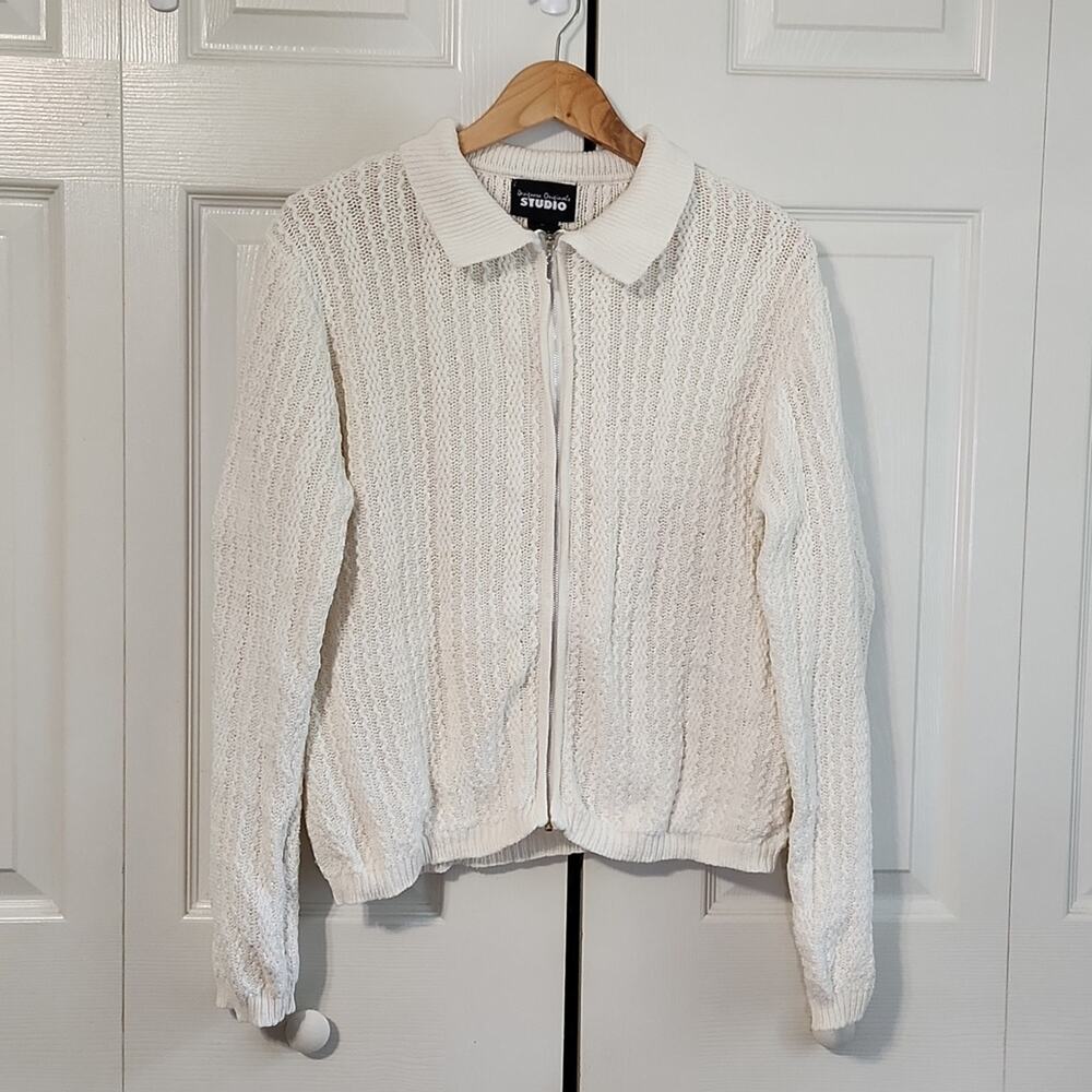 Designers Originals Studio White Textured Zip Up Cardigan Sweater Collared L